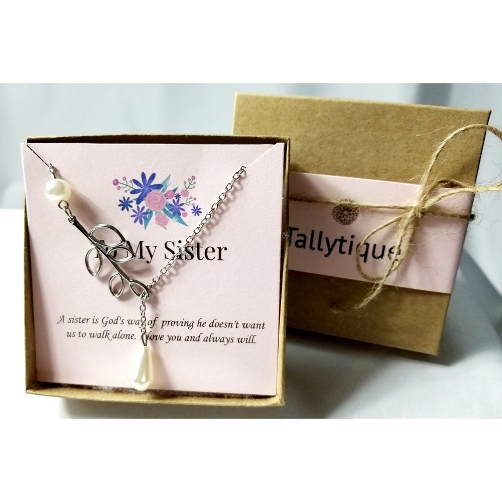 Sister Sisters Pearl Leaf Drop Necklace